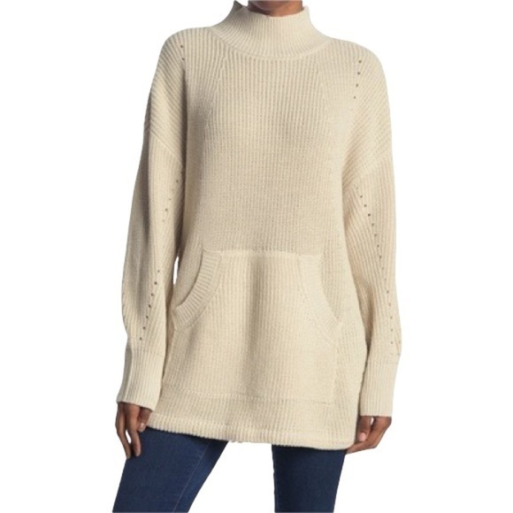 RDI Nordstrom Mock Neck Kangaroo Pocket Ribbed Tunic Sweater White Beach Tan New - Picture 1 of 7